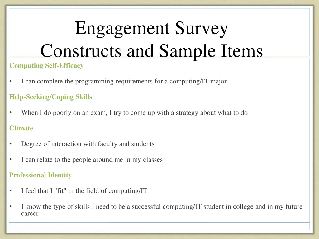 engagement survey constructs and sample items