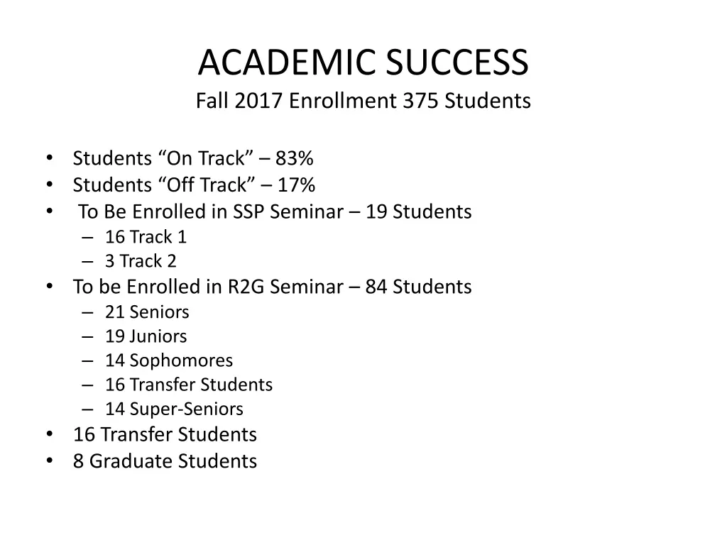 academic success fall 2017 enrollment 375 students