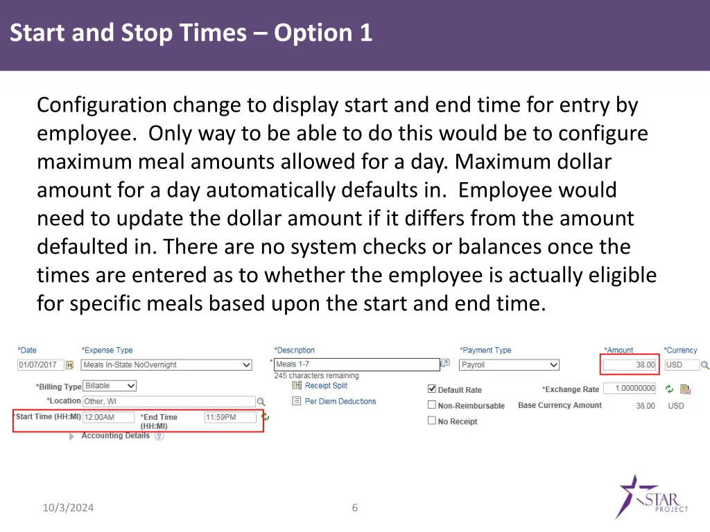 start and stop times option 1