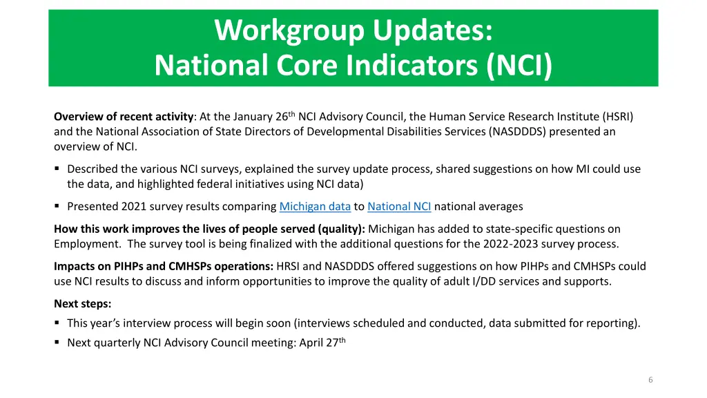 workgroup updates national core indicators nci