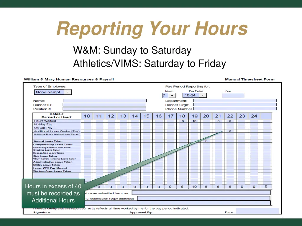 reporting your hours w m sunday to saturday