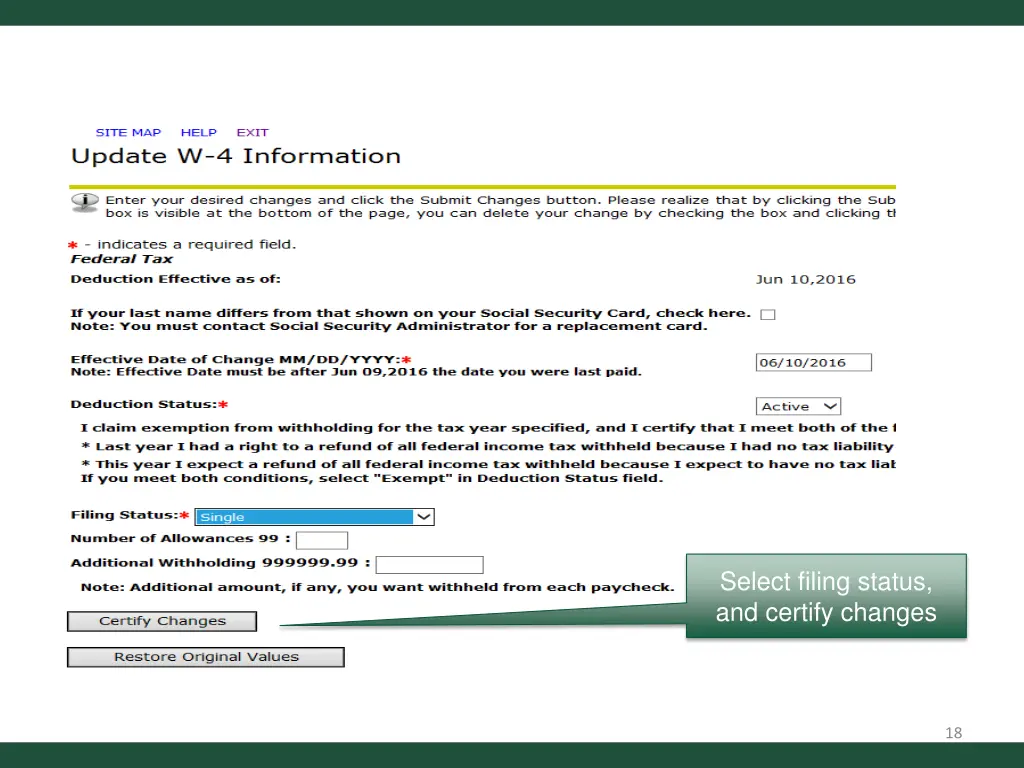 select filing status and certify changes