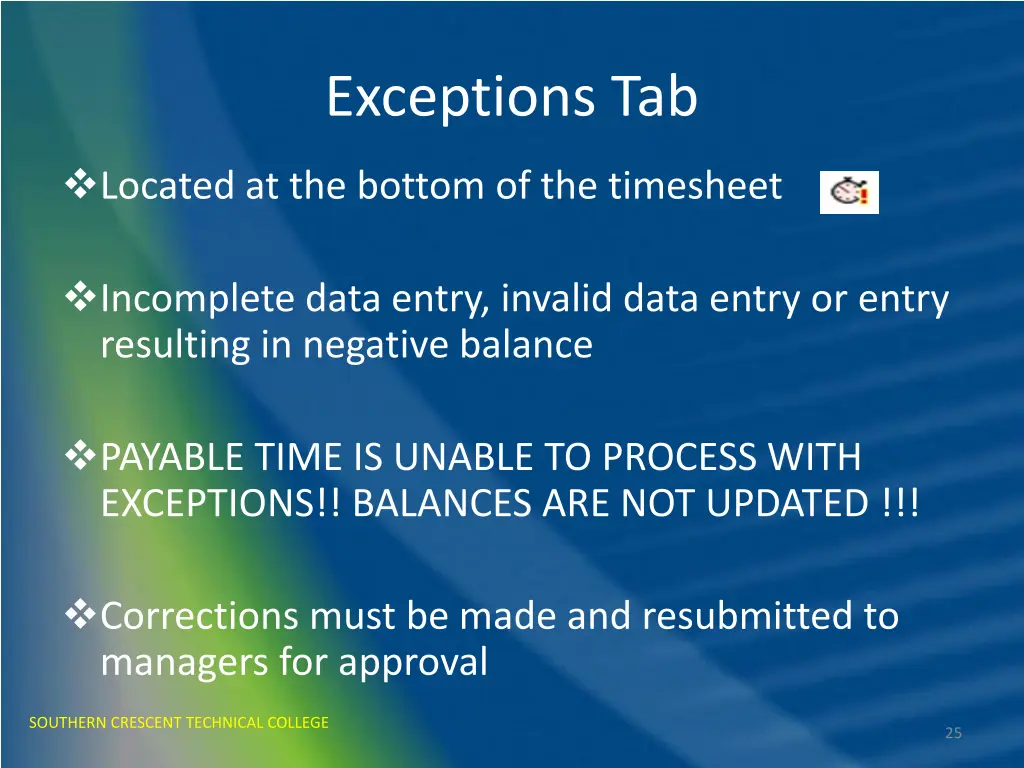 exceptions tab