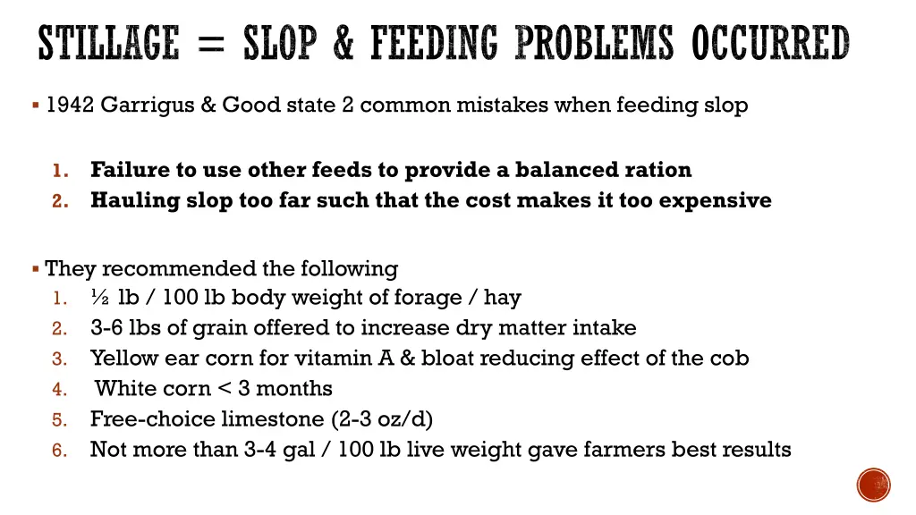 stillage slop feeding problems occurred