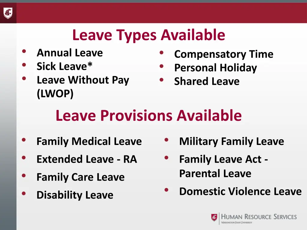 leave types available annual leave sick leave