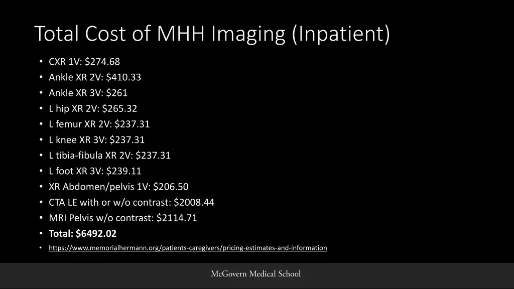 total cost of mhh imaging inpatient