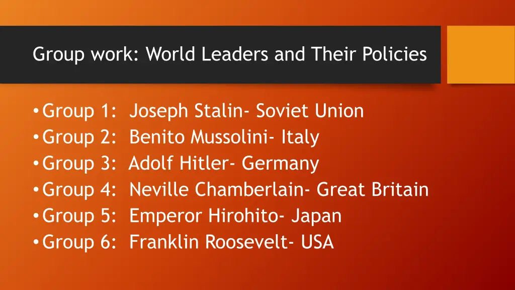 group work world leaders and their policies