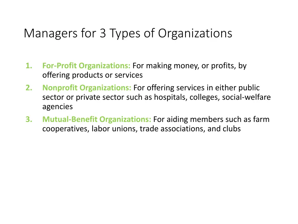 managers for 3 types of organizations