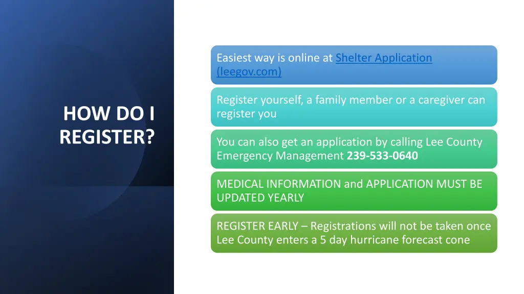 easiest way is online at shelter application