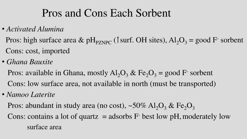 pros and cons each sorbent