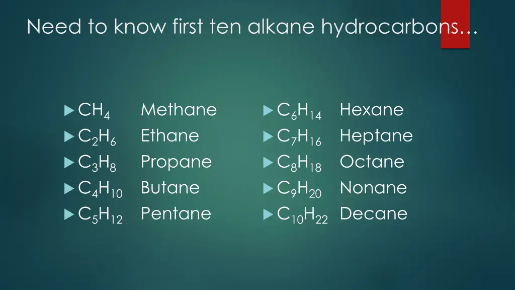 need to know first ten alkane hydrocarbons