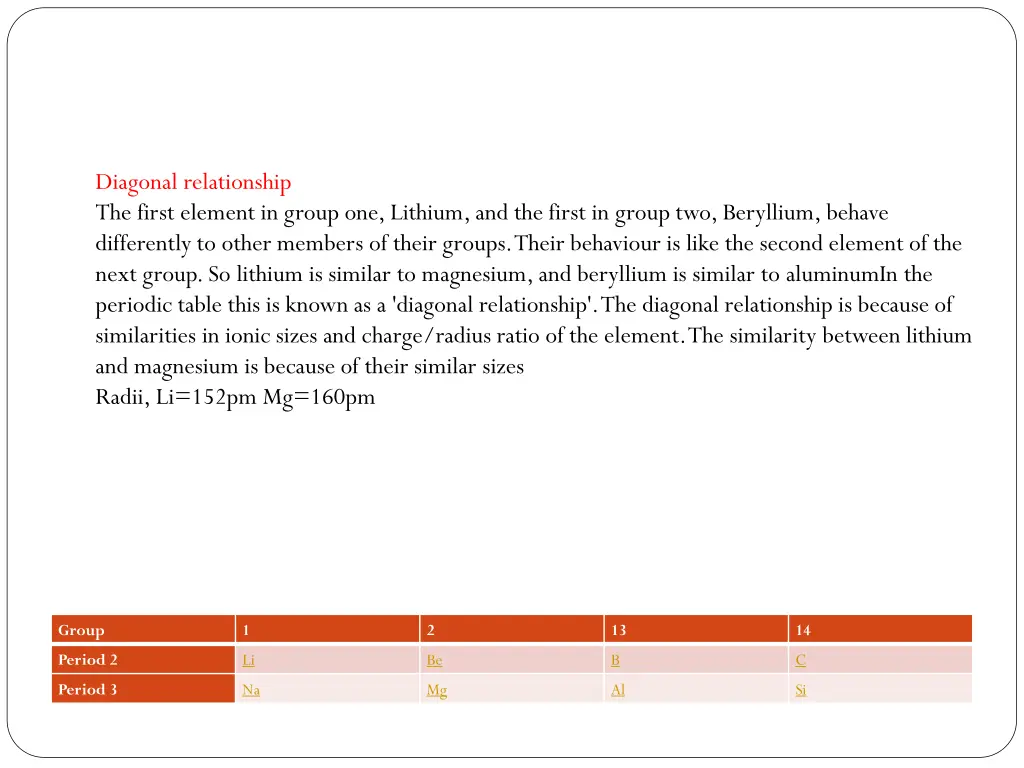 diagonal relationship the first element in group