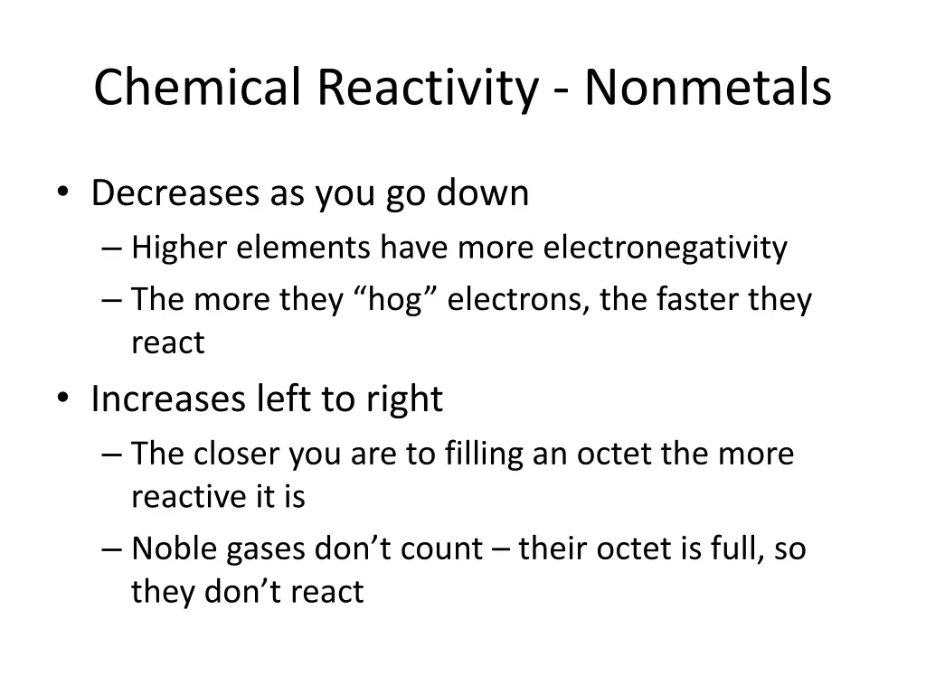 chemical reactivity nonmetals