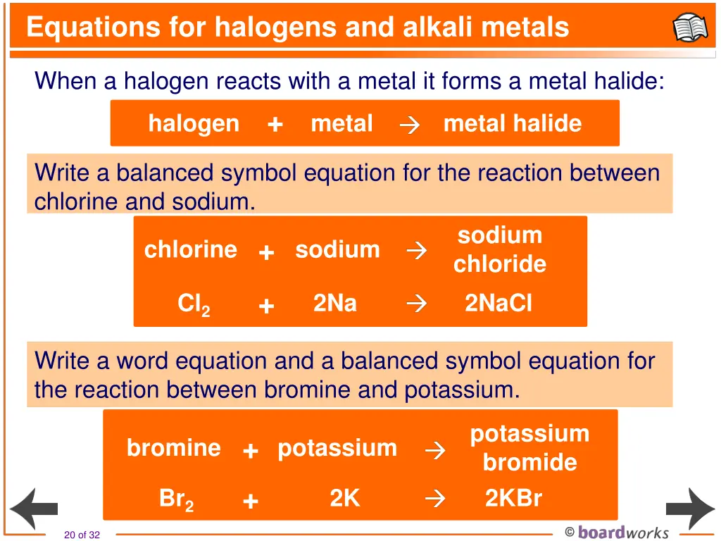 equations for halogens and alkali metals