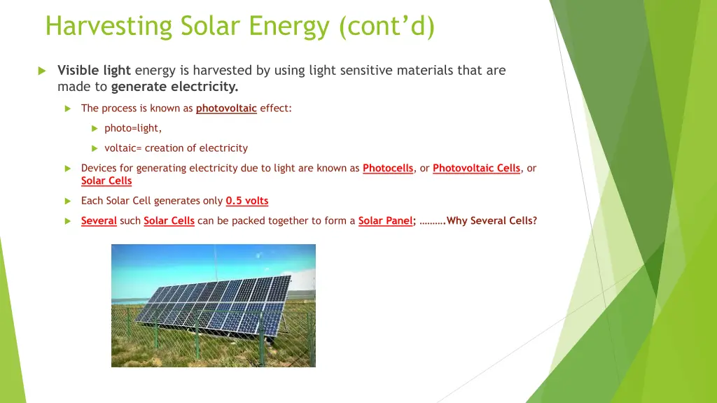 harvesting solar energy cont d