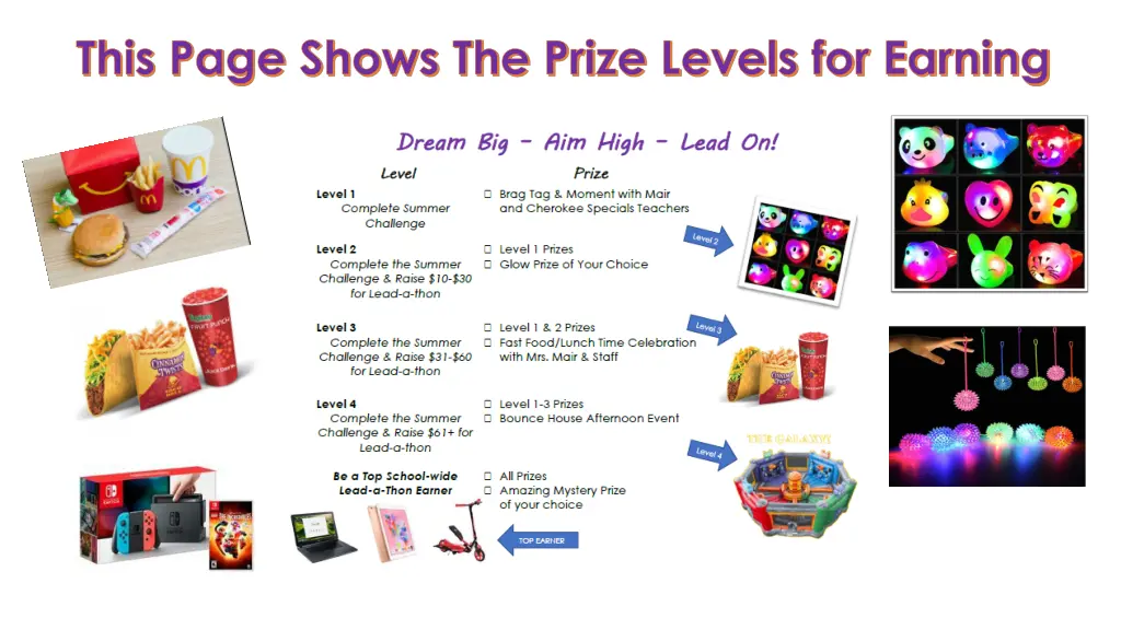 this page shows the prize levels for earning