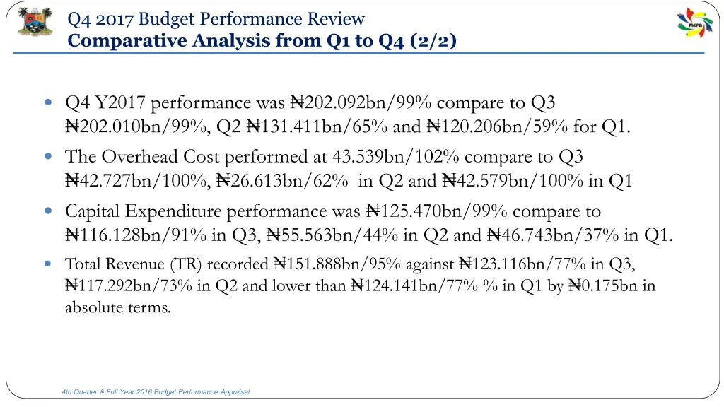 q4 2017 budget performance review comparative