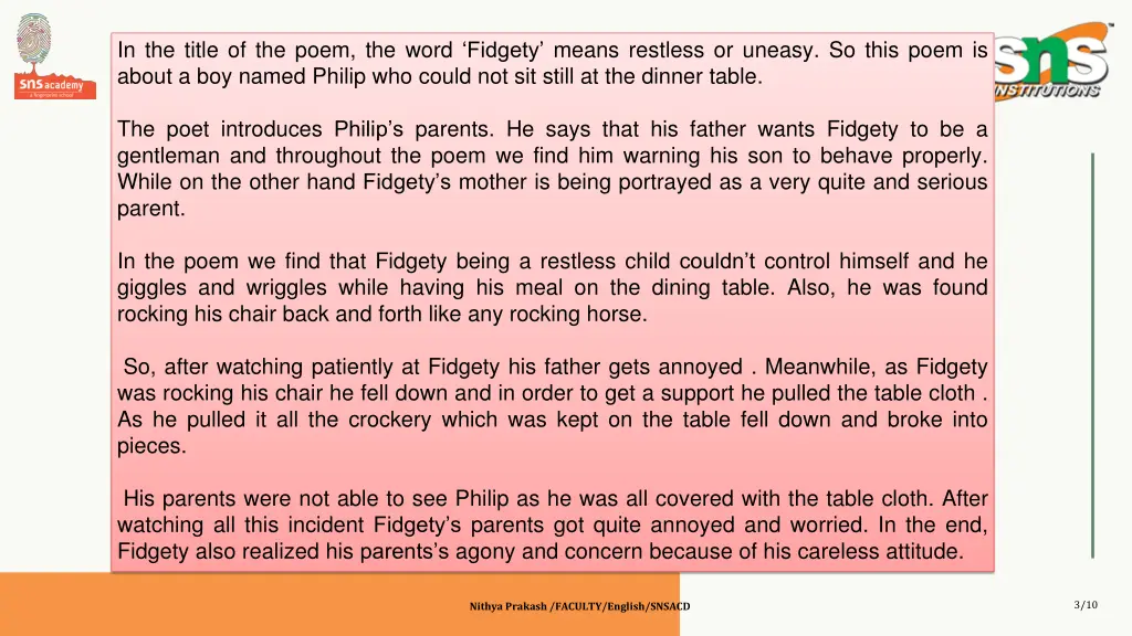 in the title of the poem the word fidgety means