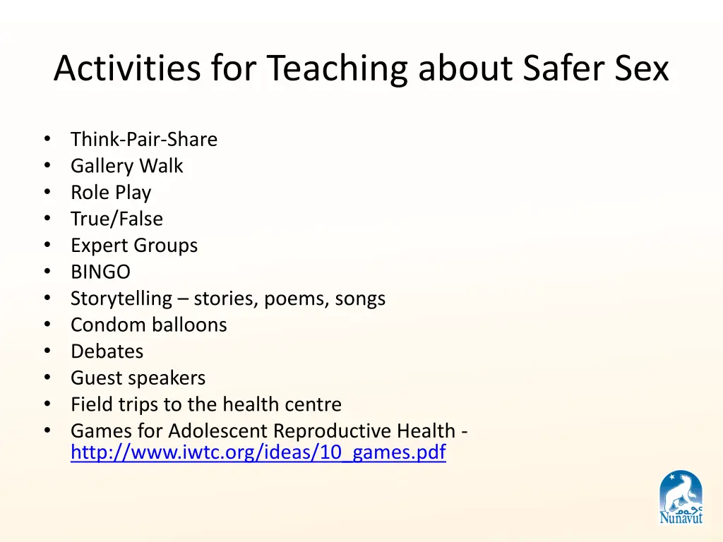 activities for teaching about safer sex