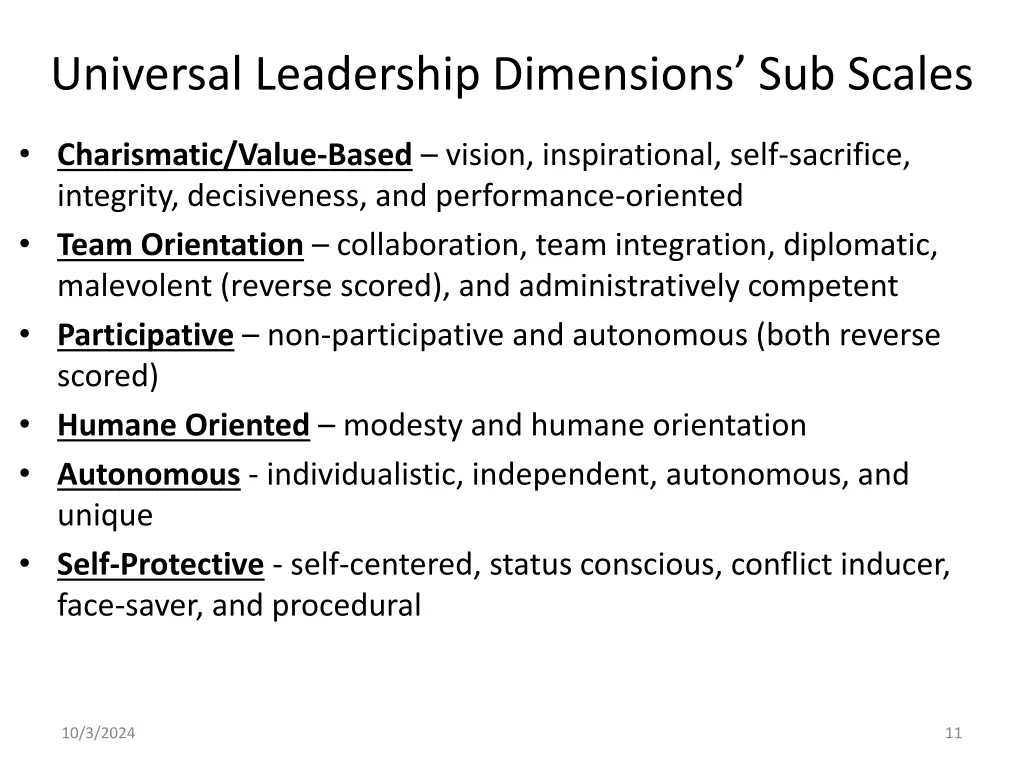 universal leadership dimensions sub scales