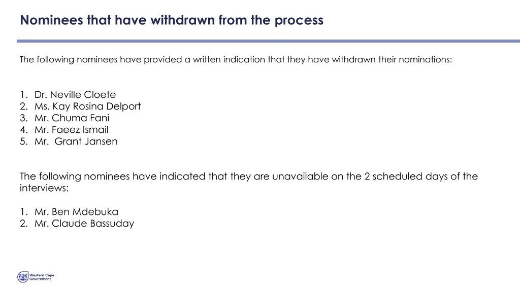 nominees that have withdrawn from the process