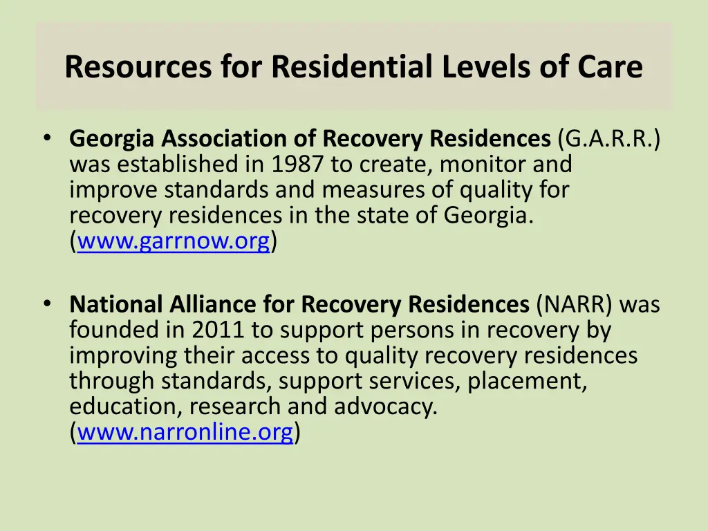 resources for residential levels of care