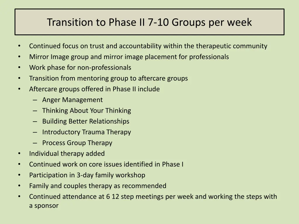 transition to phase ii 7 10 groups per week