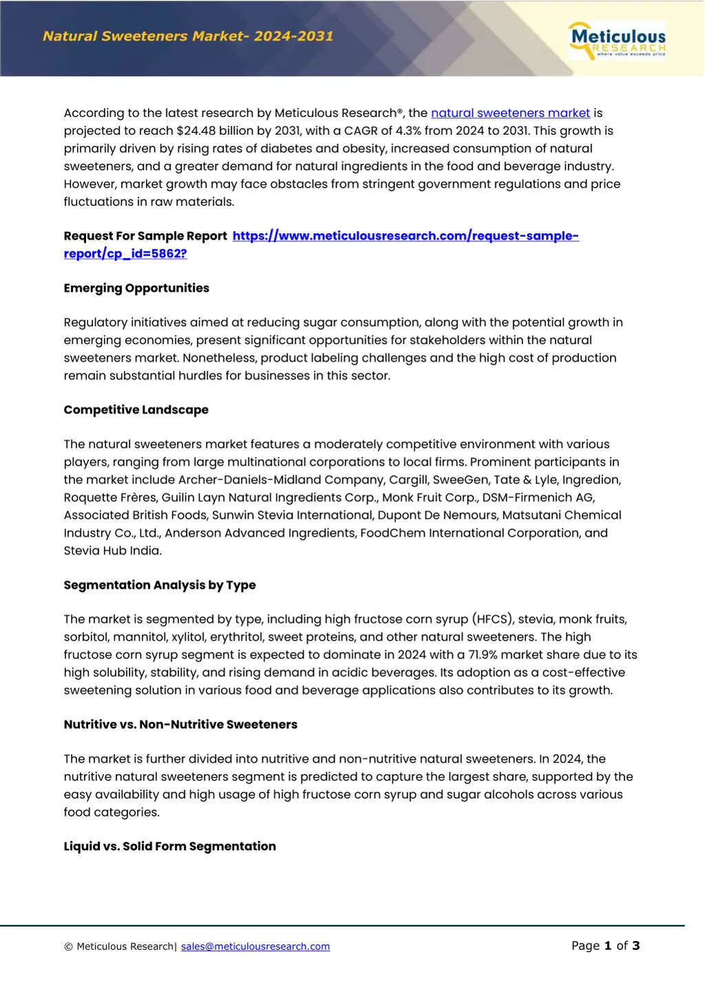 natural sweeteners market 2024 2031