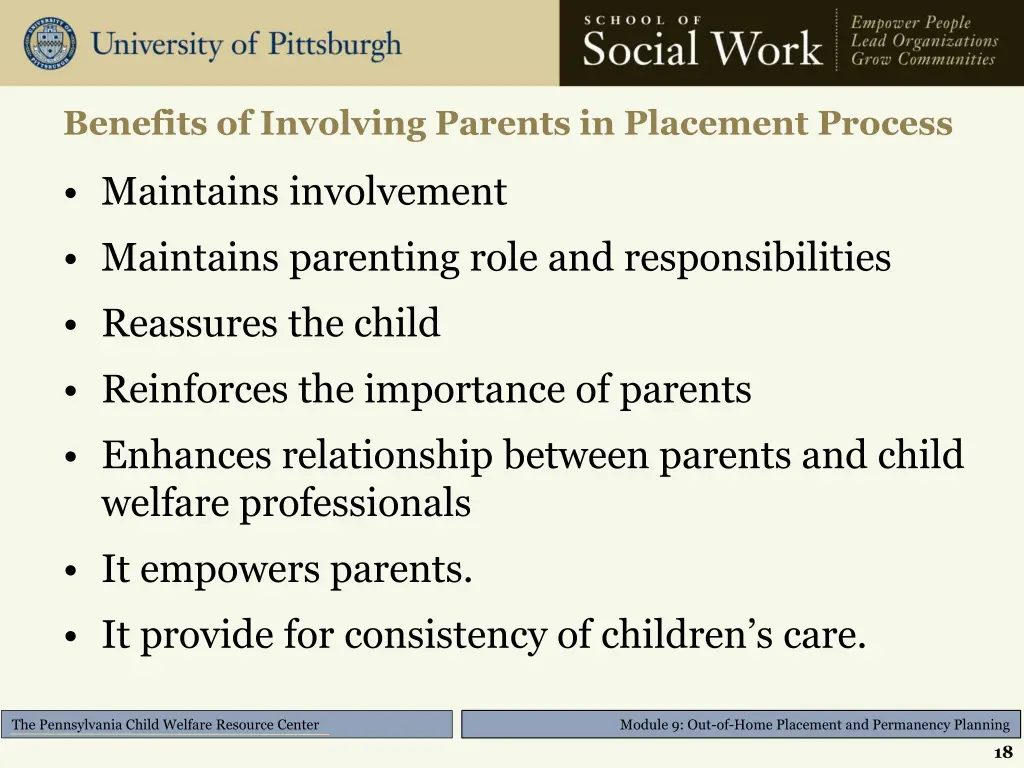 benefits of involving parents in placement process