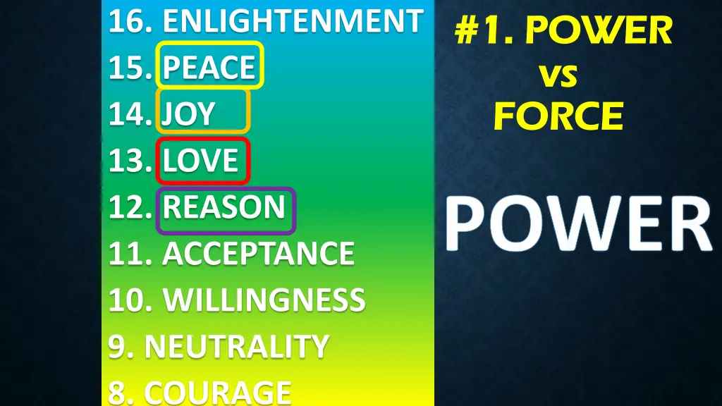 16 enlightenment 15 peace 14 joy 13 love 1