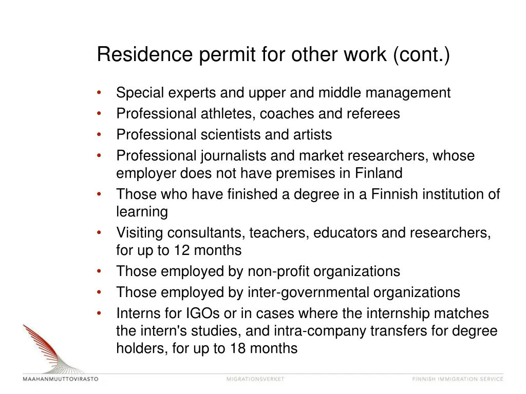 residence permit for other work cont