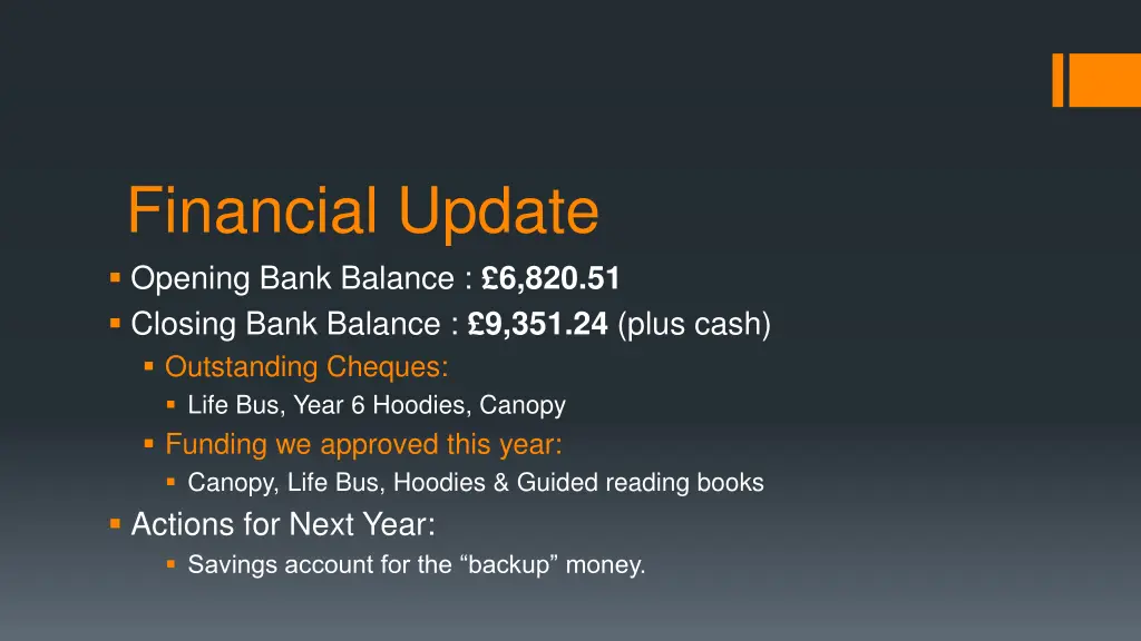 financial update opening bank balance