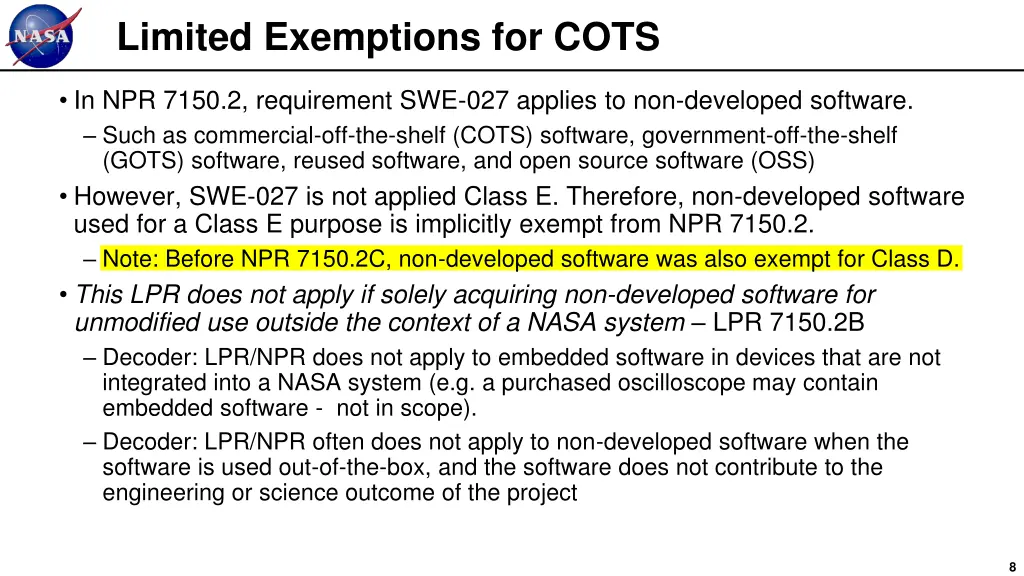 limited exemptions for cots