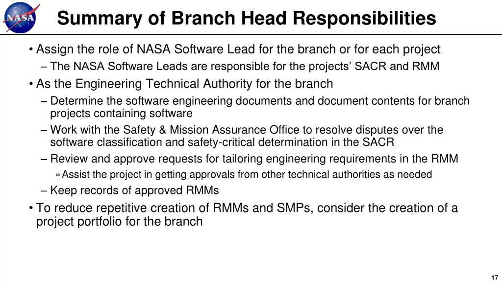 summary of branch head responsibilities