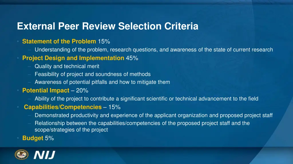 external peer review selection criteria