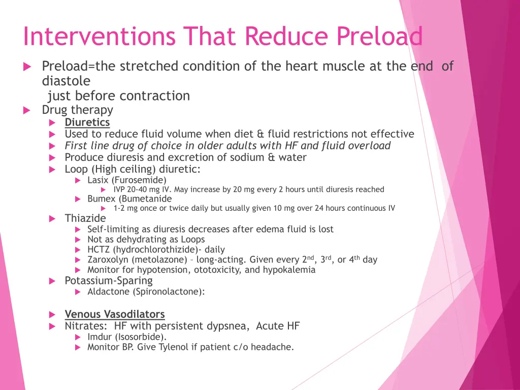 interventions that reduce preload 1