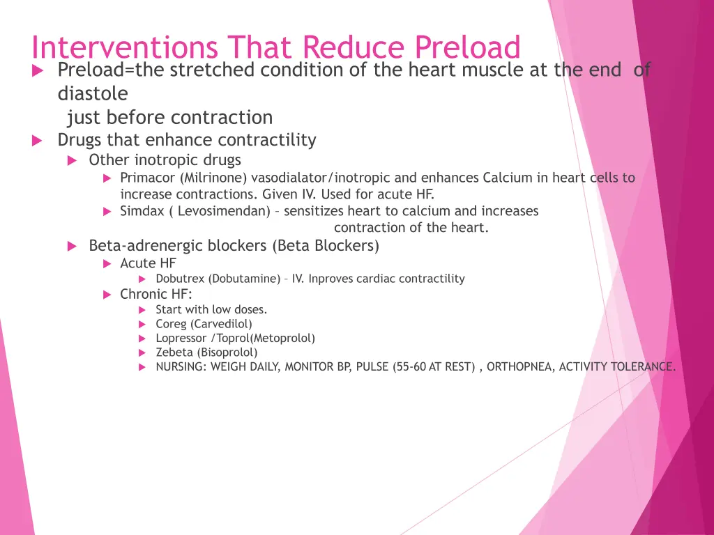 interventions that reduce preload preload 1