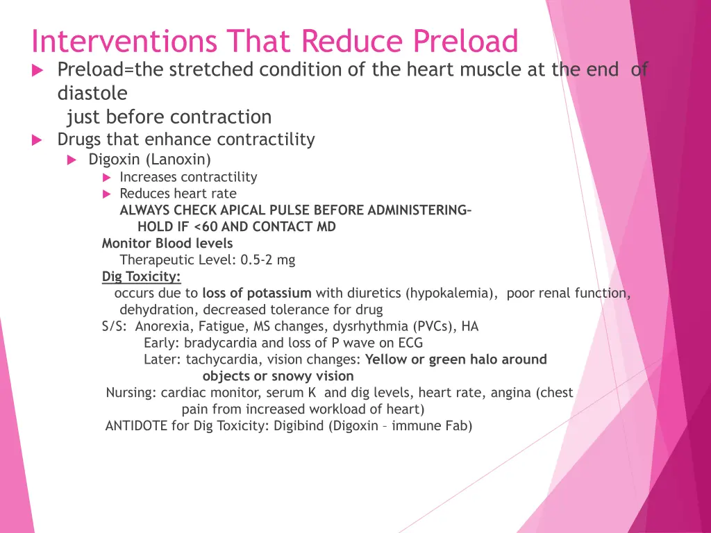 interventions that reduce preload preload