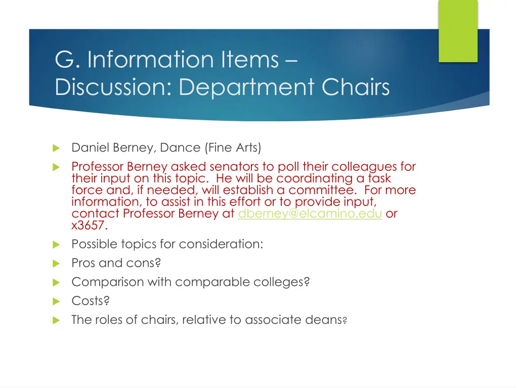 g information items discussion department chairs