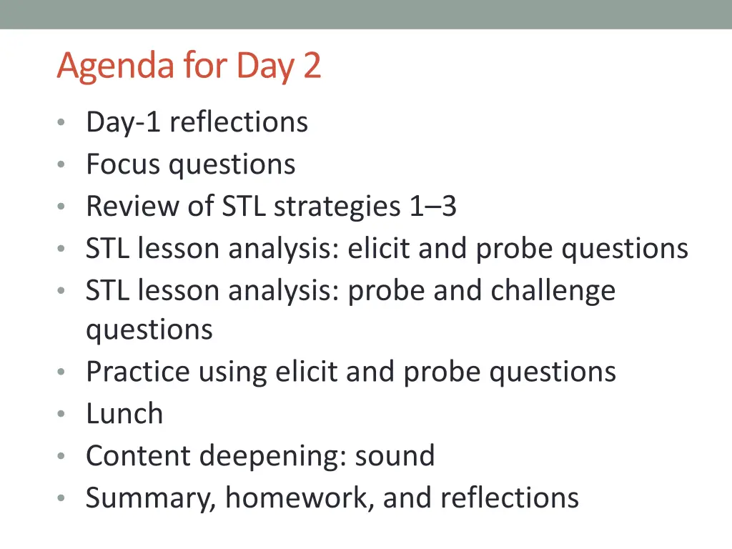 agenda for day 2