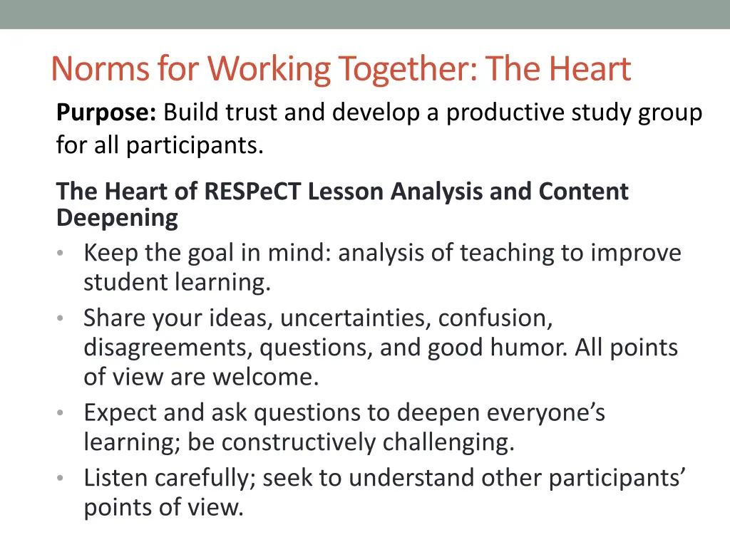 norms for working together the heart purpose