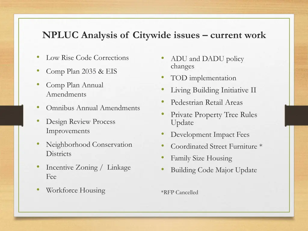 npluc analysis of citywide issues current work