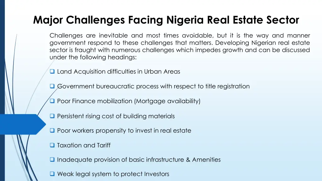 major challenges facing nigeria real estate sector