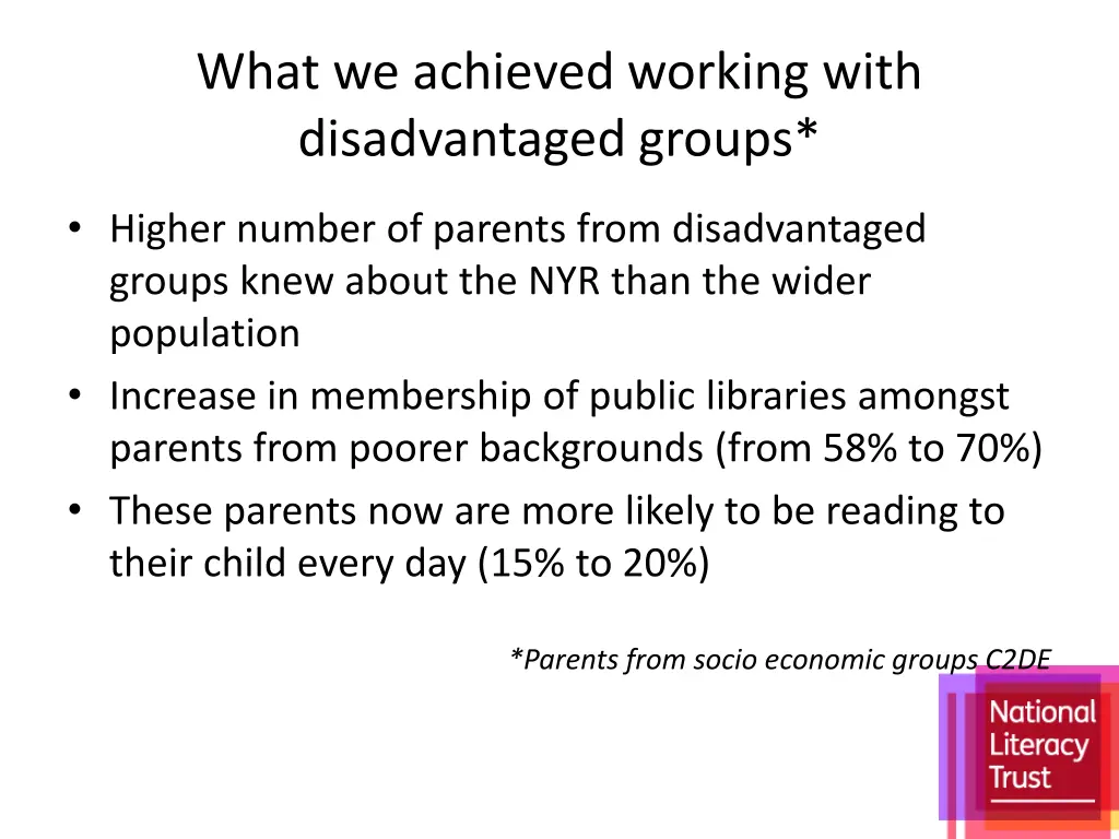 what we achieved working with disadvantaged groups