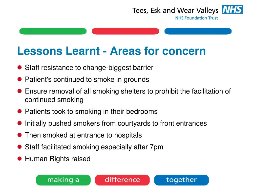 lessons learnt areas for concern