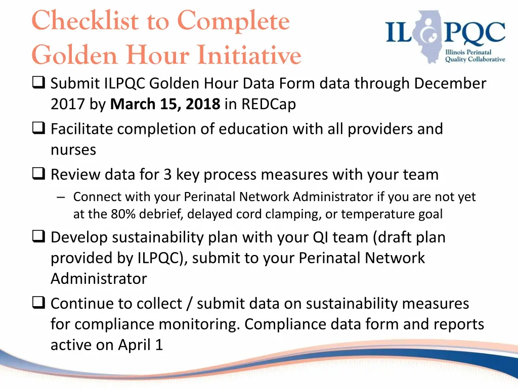 checklist to complete golden hour initiative