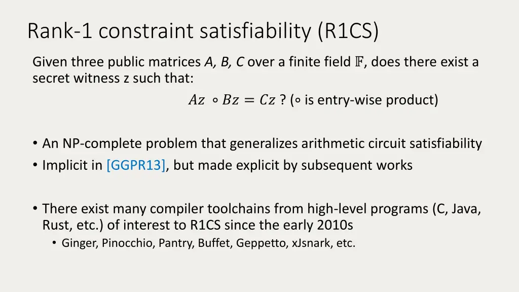 rank 1 constraint satisfiability r1cs