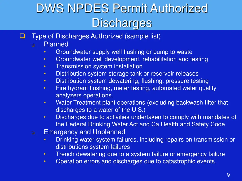 dws npdes permit authorized discharges type