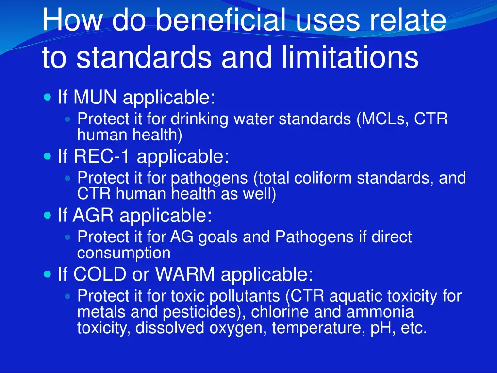 how do beneficial uses relate to standards