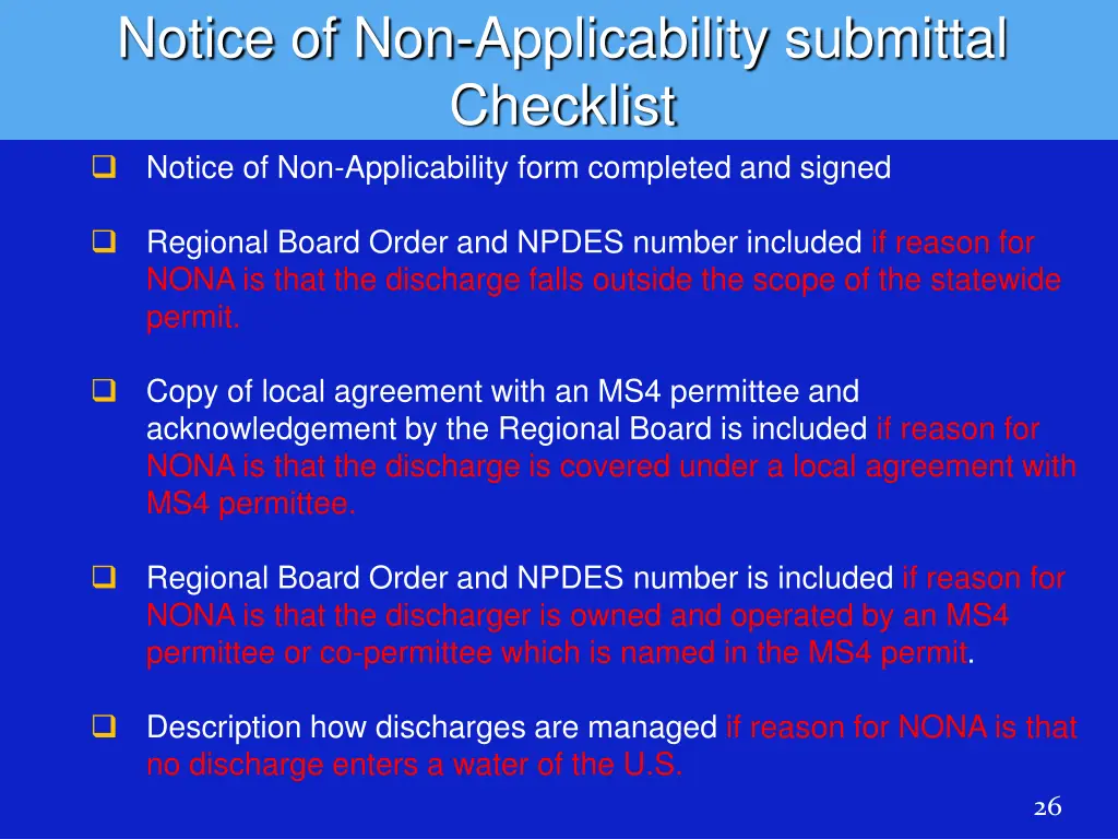 notice of non applicability submittal checklist